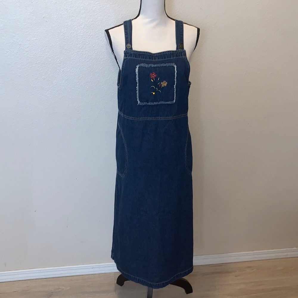 Original TY Wear vintage blue denim embroidered flowers jean overall dress